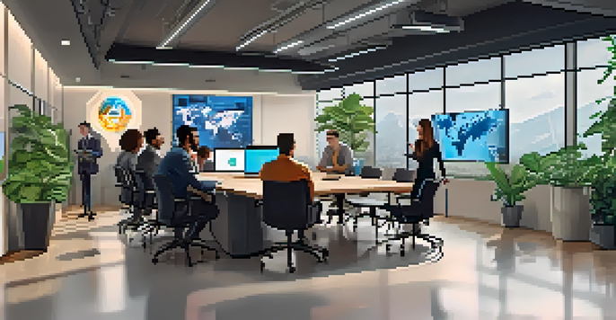 A diverse group of young professionals discussing cryptocurrency donations in a bright, modern office.