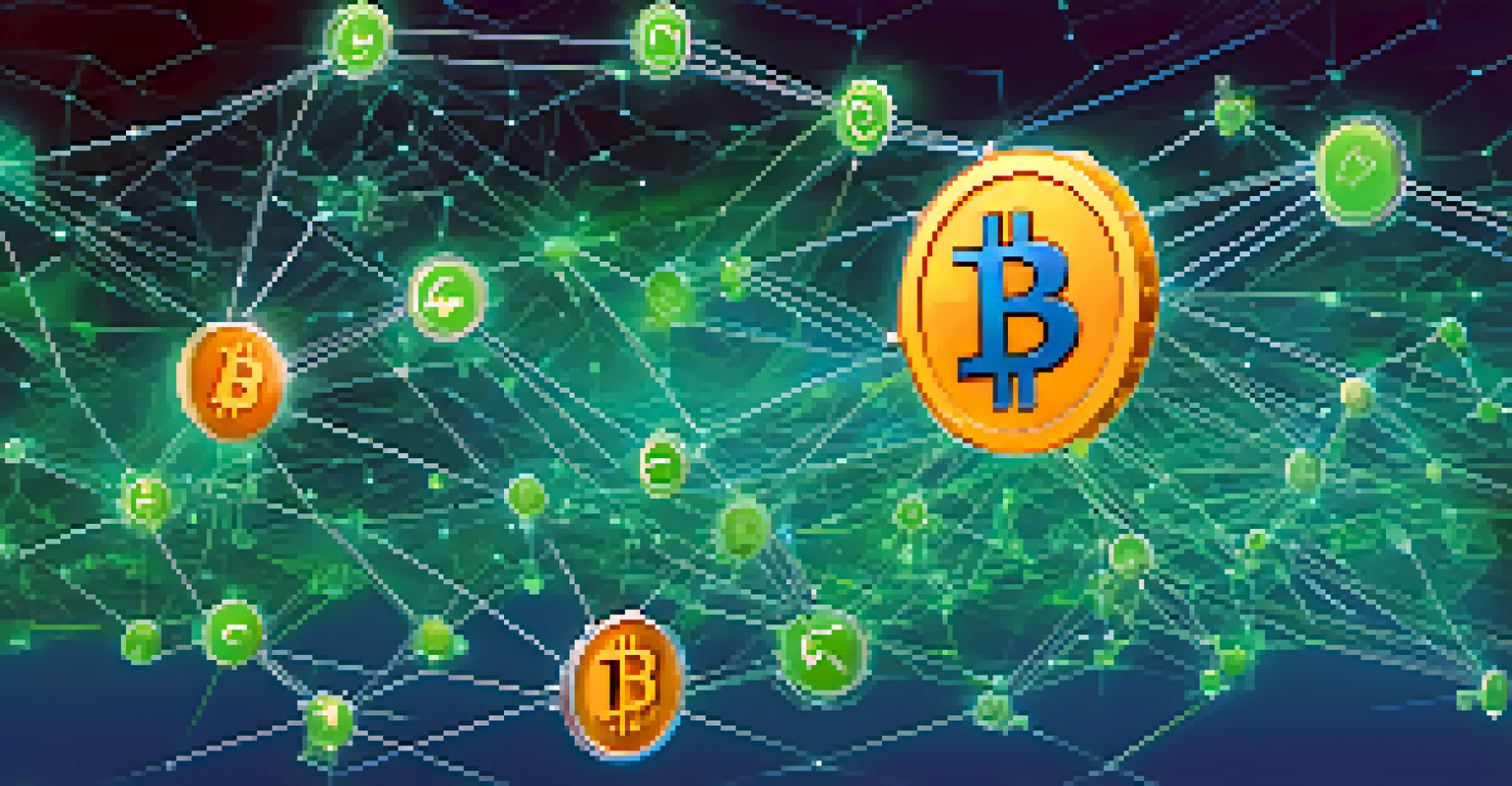 An abstract illustration of the freelance economy in the crypto industry, with blockchain nodes and floating digital currencies.
