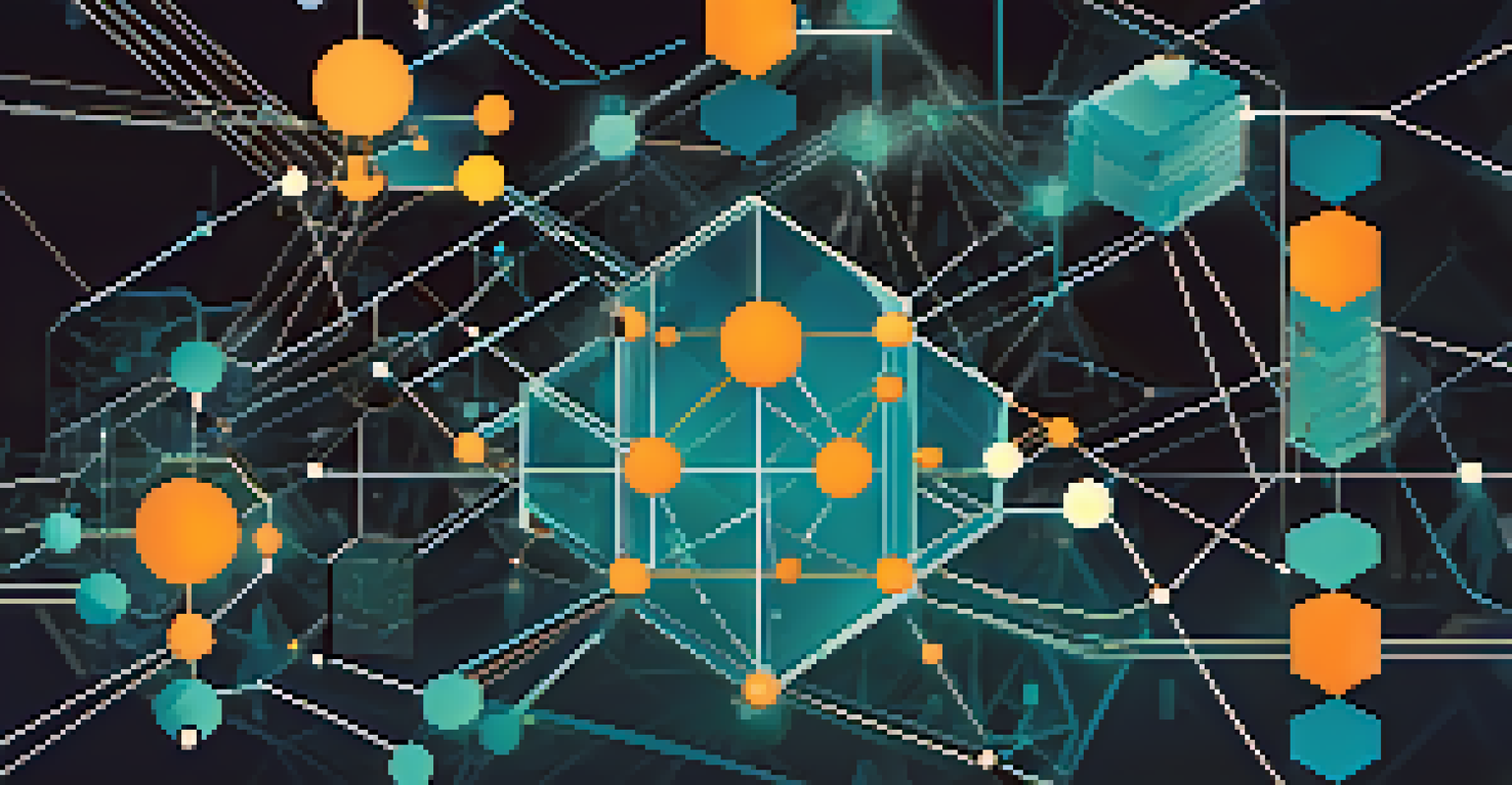An abstract illustration of interoperability in blockchain technology with interconnected geometric shapes and nodes.