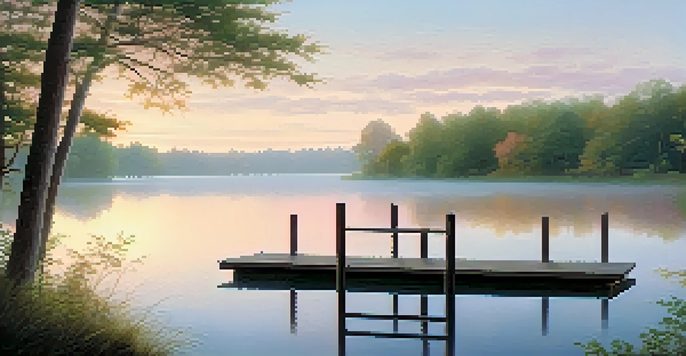 A peaceful landscape with a tranquil lake surrounded by green trees and a wooden dock, with a colorful dawn sky.