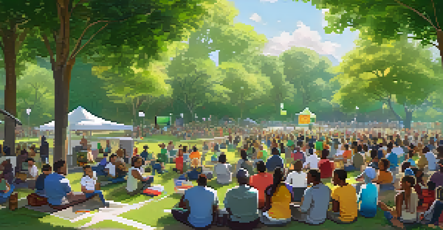 Community members attending an educational workshop about cryptocurrency mining in a sunny park setting.