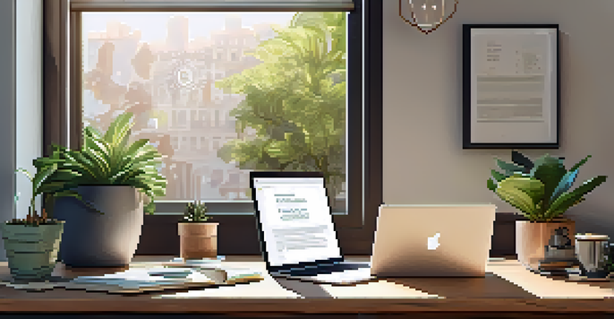 A contemporary workspace with a laptop displaying cryptocurrency payment options, surrounded by notes, a coffee cup, and a plant, illuminated by soft sunlight.