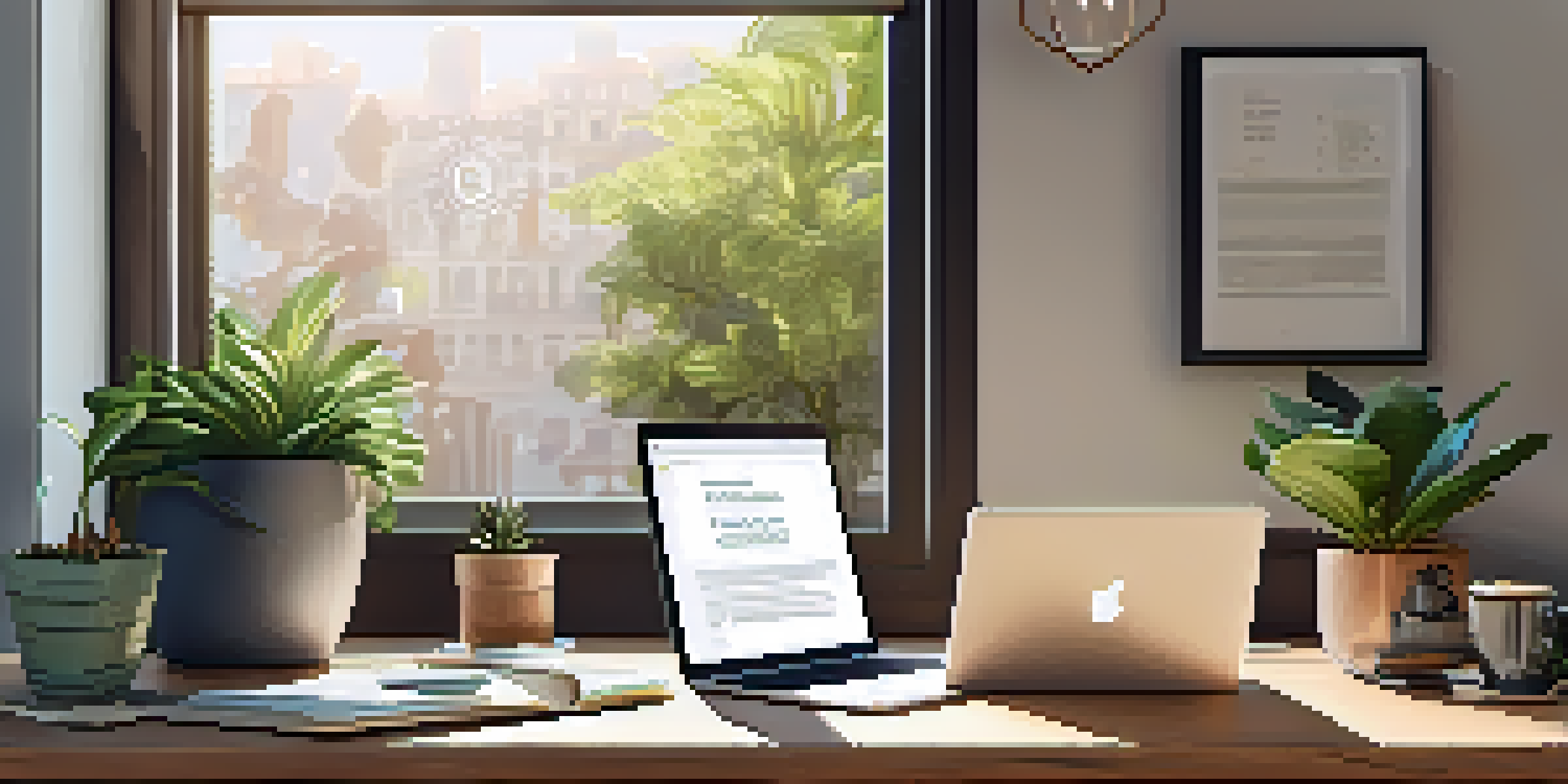 A contemporary workspace with a laptop displaying cryptocurrency payment options, surrounded by notes, a coffee cup, and a plant, illuminated by soft sunlight.