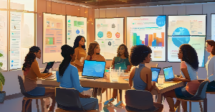 A diverse group of women engaged in a cryptocurrency workshop, surrounded by laptops and charts in a well-lit room.