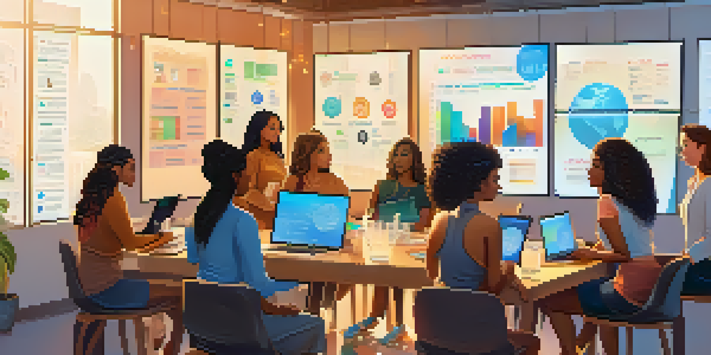 A diverse group of women engaged in a cryptocurrency workshop, surrounded by laptops and charts in a well-lit room.