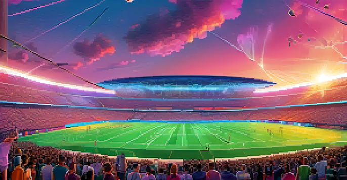 A futuristic sports stadium filled with fans, featuring augmented reality elements and holographic displays of NFT collectibles.