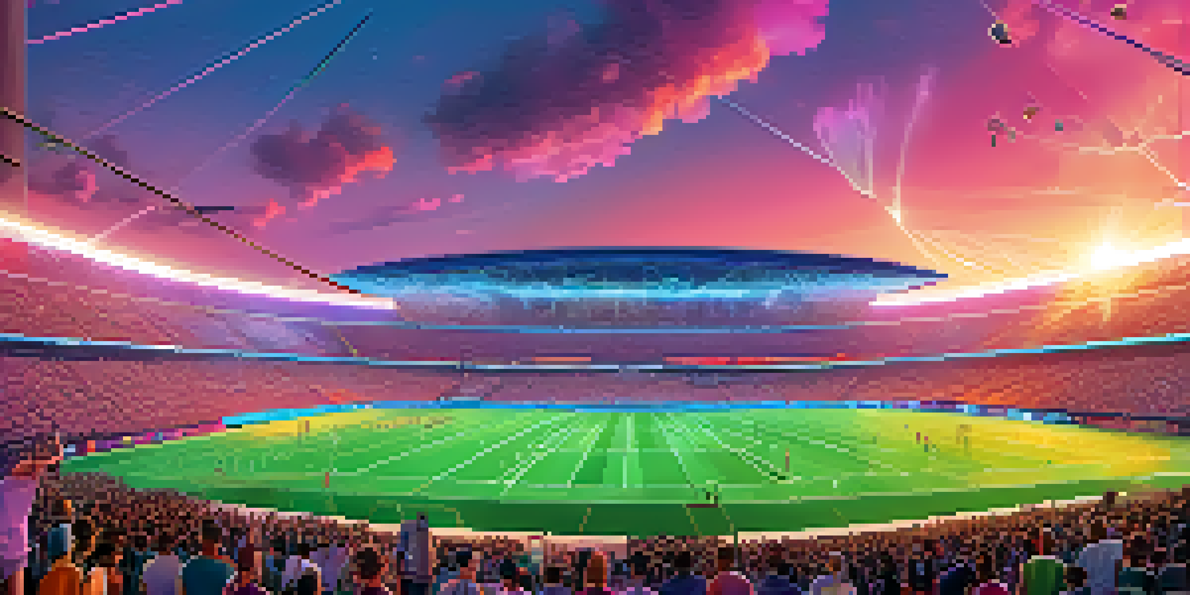 A futuristic sports stadium filled with fans, featuring augmented reality elements and holographic displays of NFT collectibles.