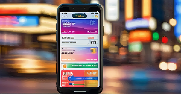A smartphone showing a digital wallet app with various currencies, blurred city street in the background.