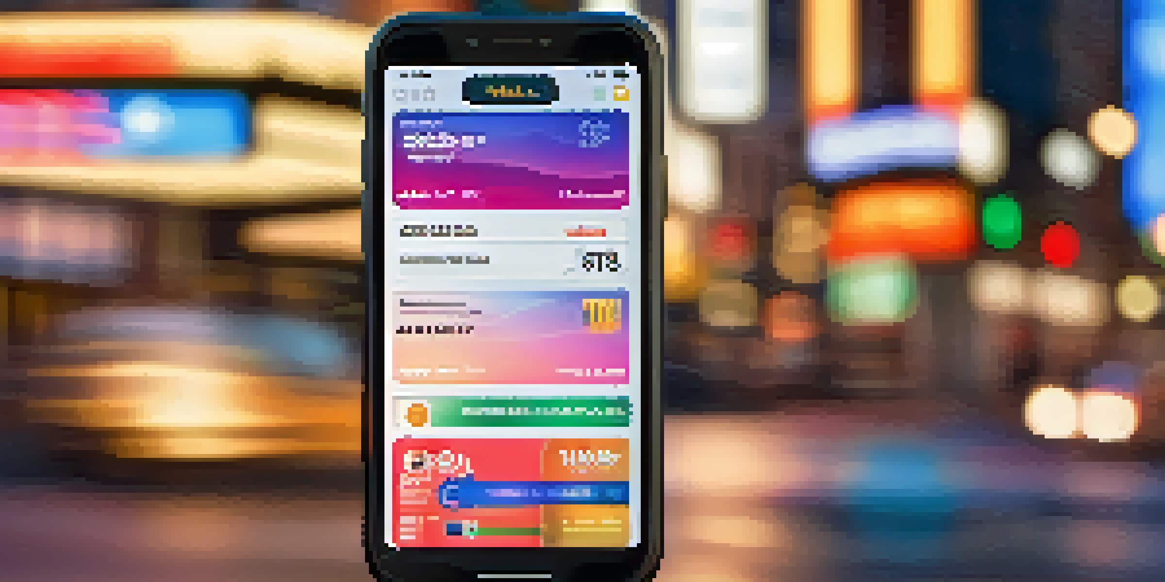 A smartphone showing a digital wallet app with various currencies, blurred city street in the background.