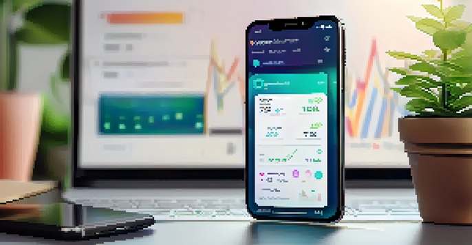 A smartphone displaying a cryptocurrency wallet app with colorful cryptocurrency icons on the screen, set on a desk with a blurred laptop and plant in the background.
