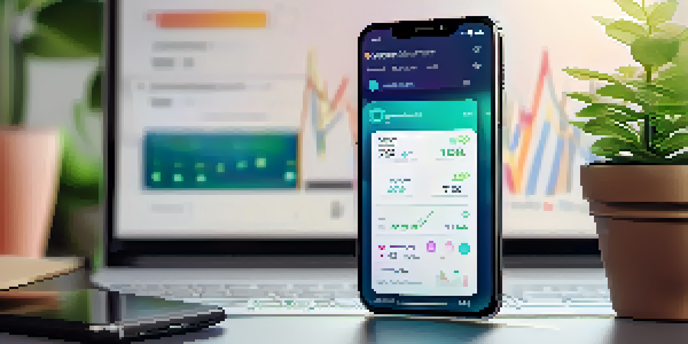 A smartphone displaying a cryptocurrency wallet app with colorful cryptocurrency icons on the screen, set on a desk with a blurred laptop and plant in the background.