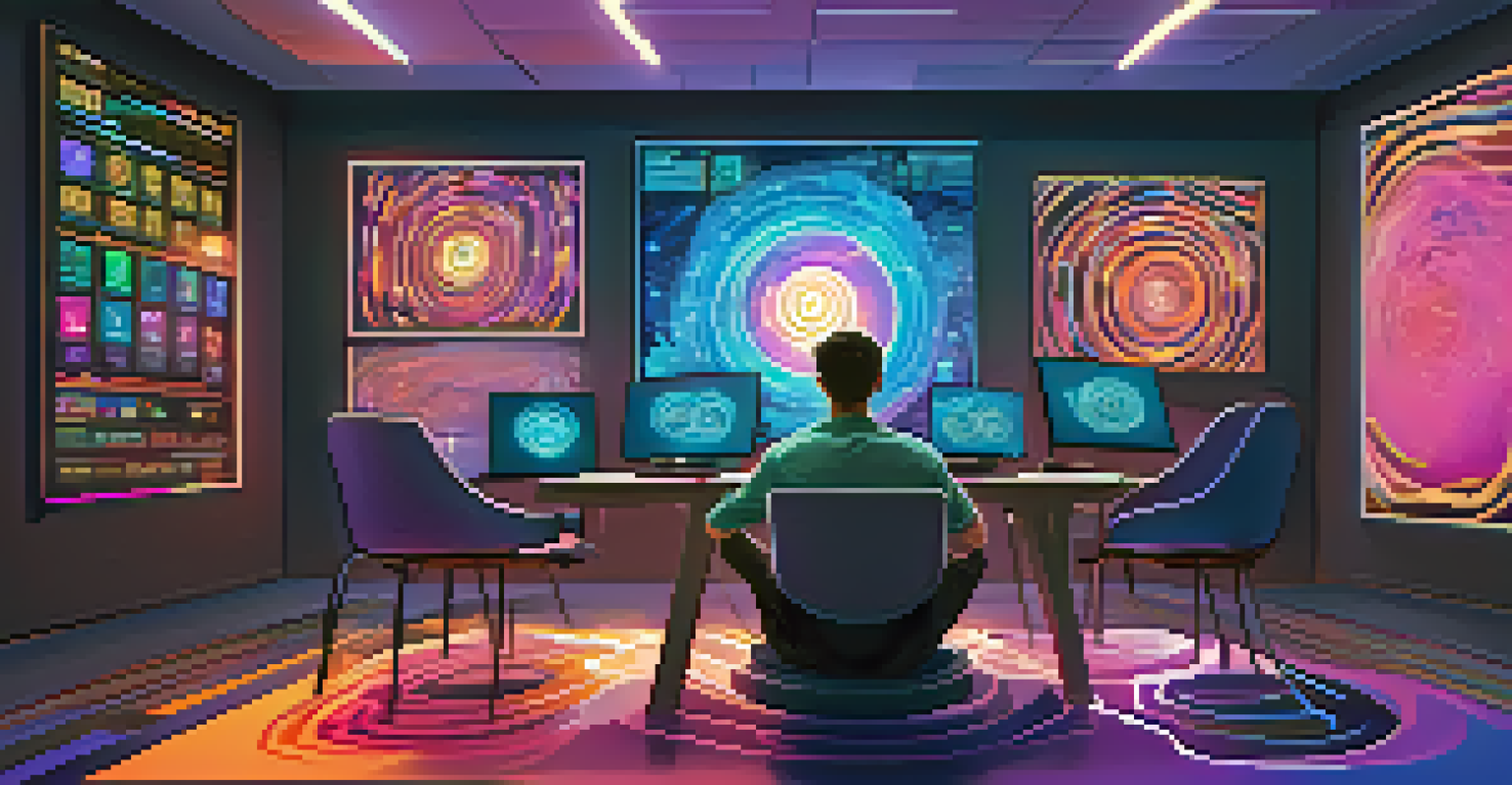 A calm person meditating at a desk surrounded by screens showing cryptocurrency prices, with colorful swirls representing emotions around them.
