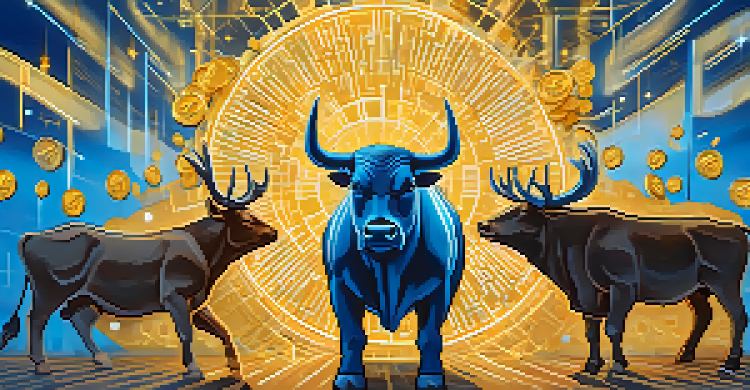 An upward arrow made of cryptocurrency symbols on a blue and gold gradient background, symbolizing a bullish market.