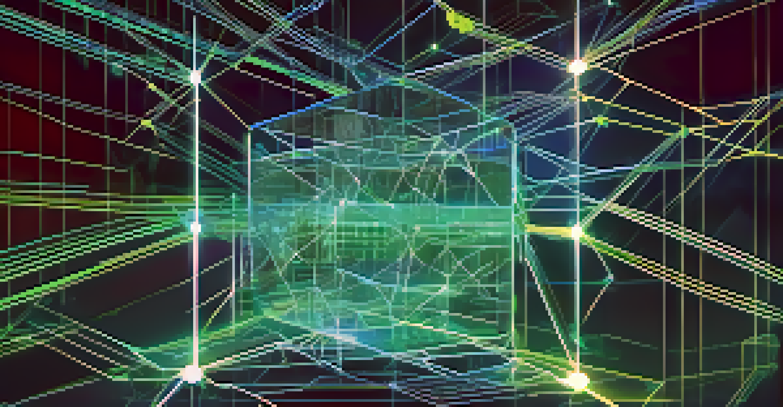 An abstract depiction of blockchain technology with interconnected nodes and chains in a digital environment.