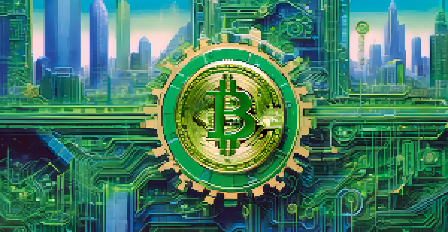 An abstract image showing interconnected gears for gig work and digital coins for cryptocurrency, set against a blue and green futuristic skyline.
