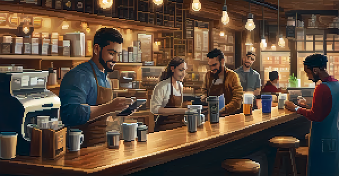 A busy coffee shop with a barista and customers using different payment methods, including cash, credit cards, and a smartphone showing a cryptocurrency wallet.