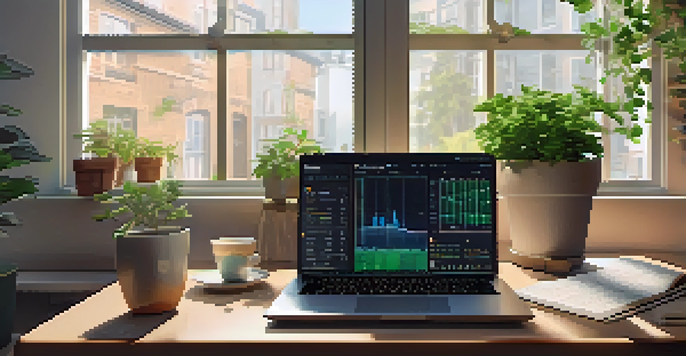 A bright and inviting digital workspace with a laptop displaying cryptocurrency charts, coffee cup, and plants, creating a cozy atmosphere.