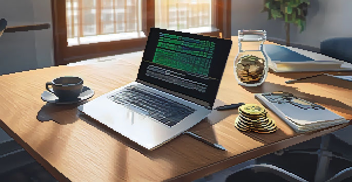 A modern office desk featuring a laptop showing blockchain code, cryptocurrency coins, and a notepad, illuminated by natural light from a window.