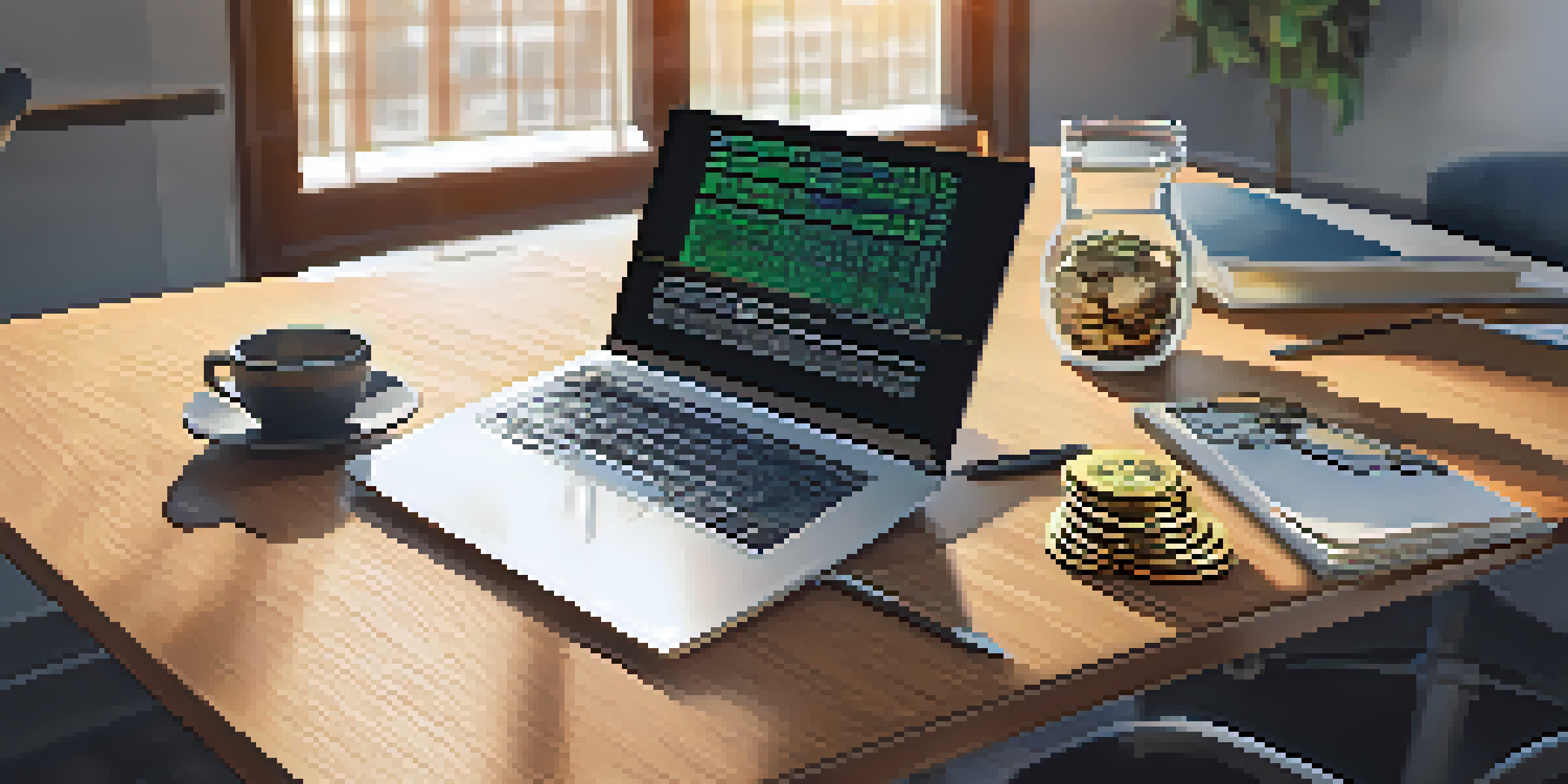A modern office desk featuring a laptop showing blockchain code, cryptocurrency coins, and a notepad, illuminated by natural light from a window.
