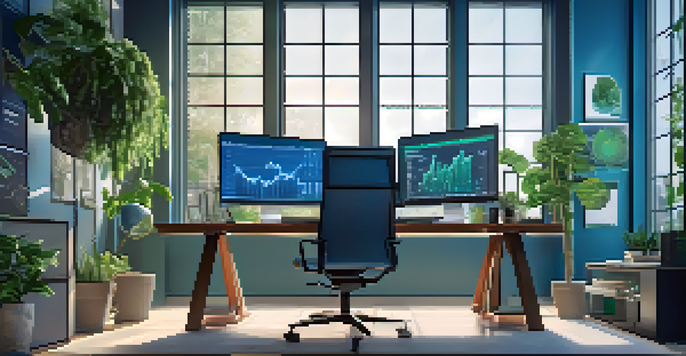 A modern office desk with multiple screens showing cryptocurrency data, illuminated by natural light and featuring a plant.