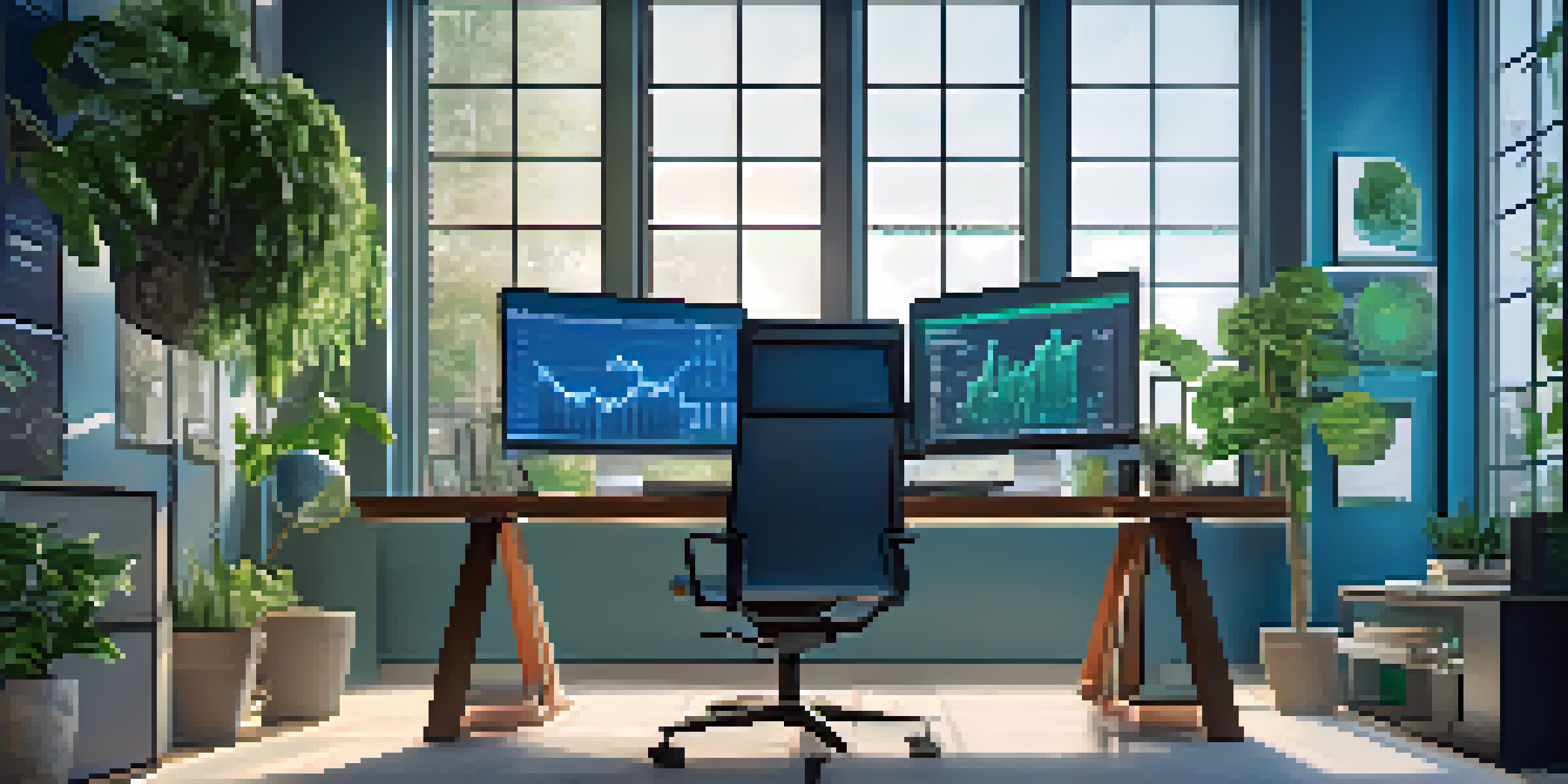 A modern office desk with multiple screens showing cryptocurrency data, illuminated by natural light and featuring a plant.