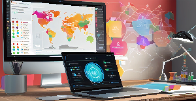 A modern digital workspace with a laptop showing a blockchain interface and real estate tokens around it.