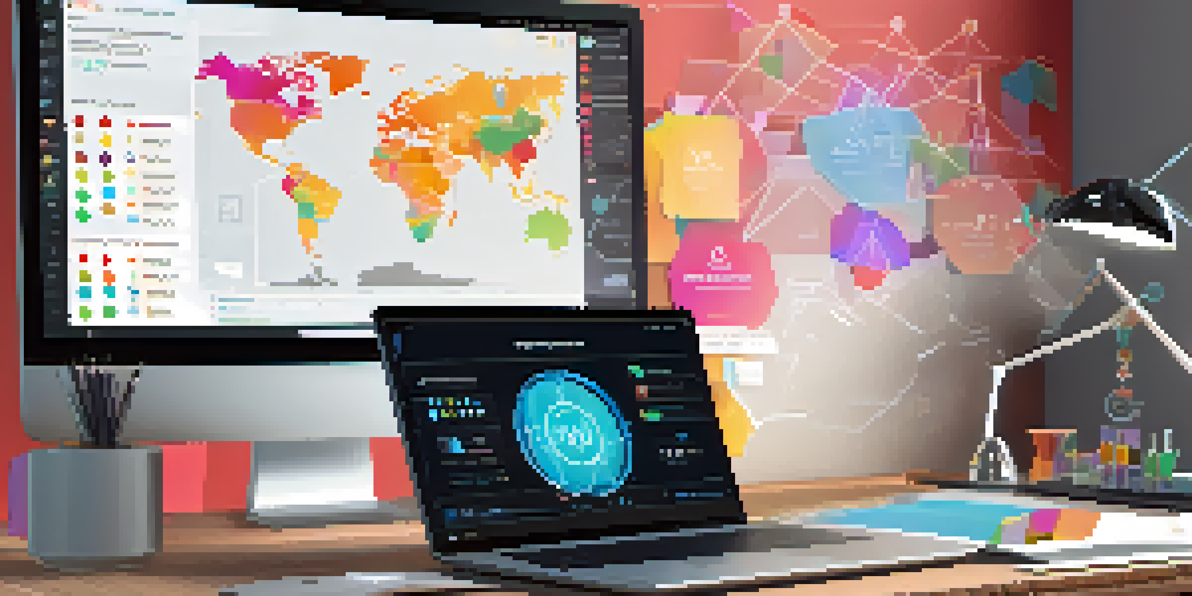 A modern digital workspace with a laptop showing a blockchain interface and real estate tokens around it.