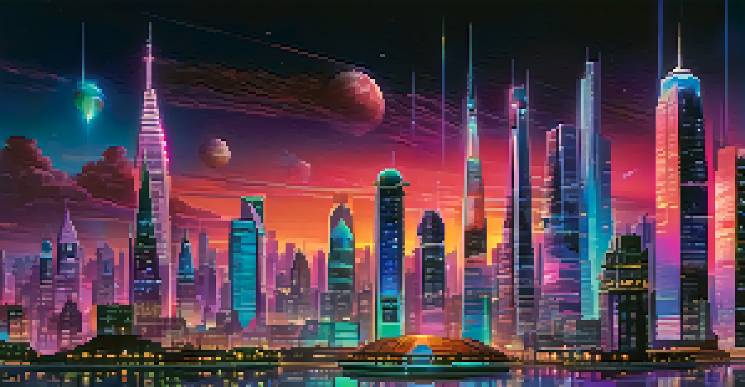 A futuristic city skyline at night with holographic displays of token standards, blending technology and urban life.