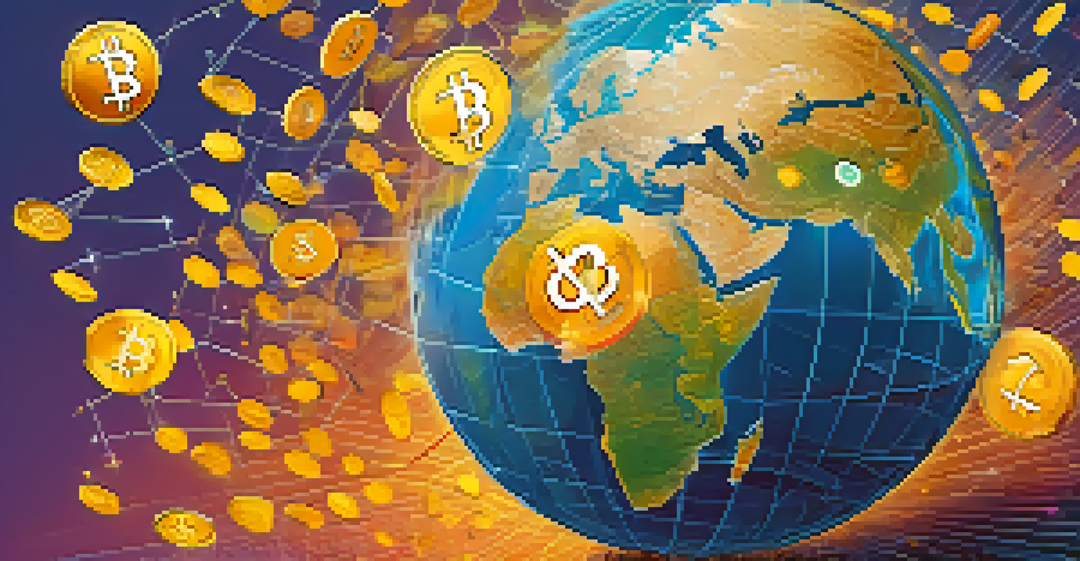 A globe with glowing cryptocurrency symbols orbiting around it, set against a blue to white gradient background.