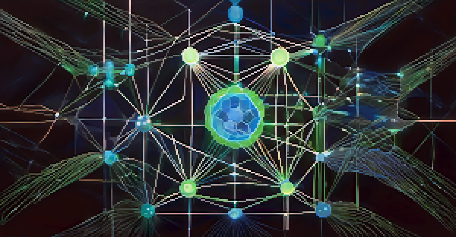 An abstract image of blockchain technology with glowing nodes and lines, incorporating nature elements.