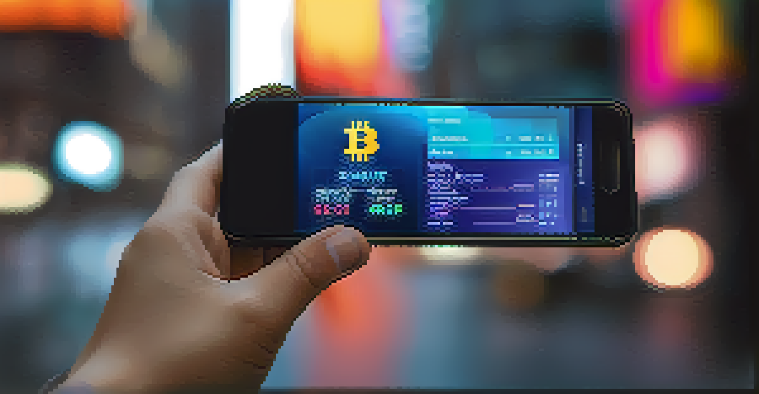 A smartphone displaying a modern cryptocurrency wallet interface with vibrant colors and digital currency symbols, set against a busy urban backdrop.