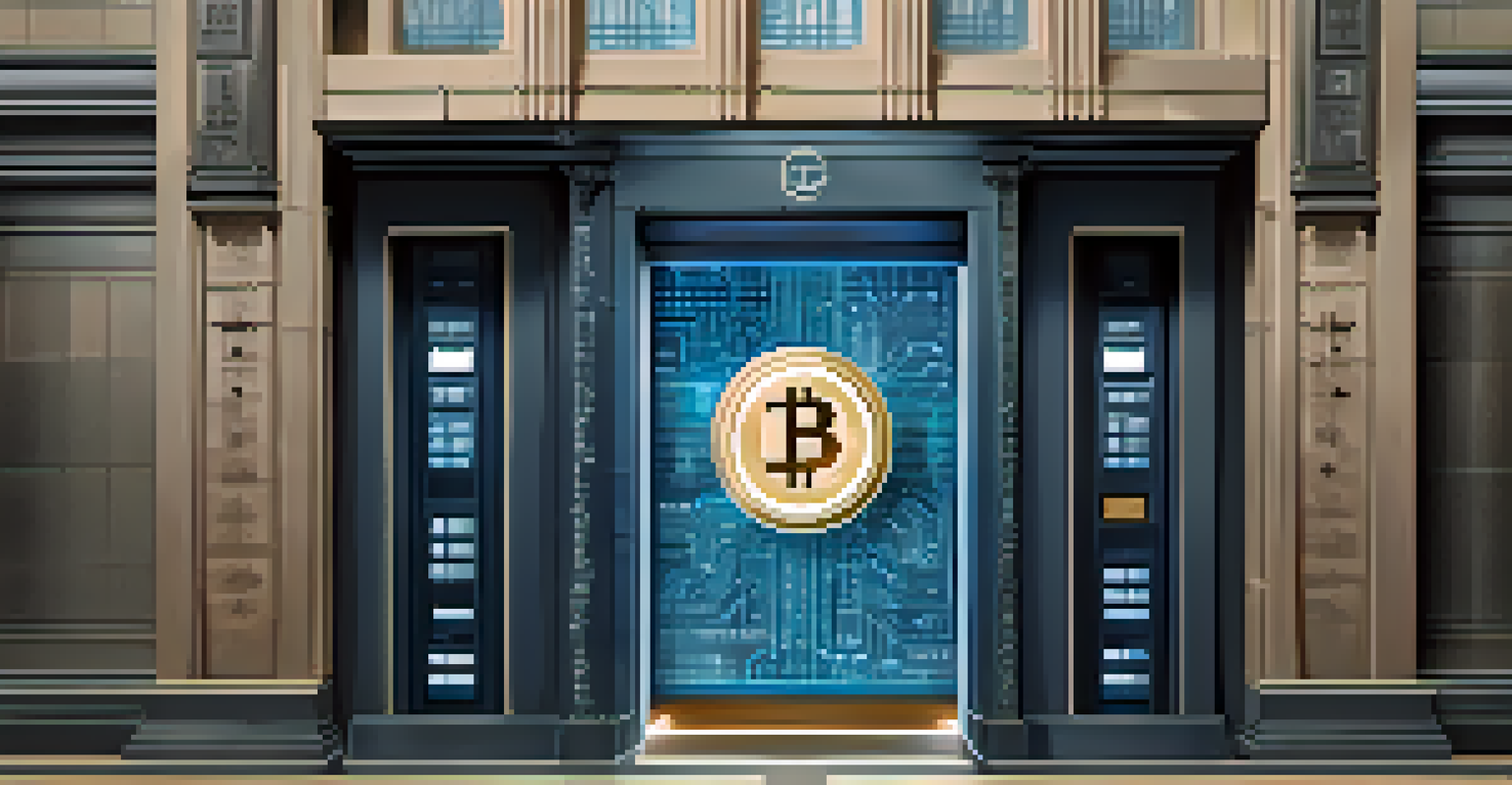 An abstract image showing a traditional bank on one side and a digital wallet on the other side, connected by binary code.