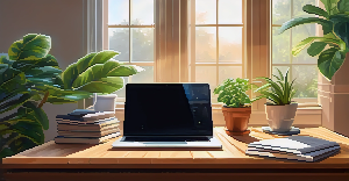 A modern workspace with a laptop, cryptocurrency books, and a potted plant, illuminated by natural light.