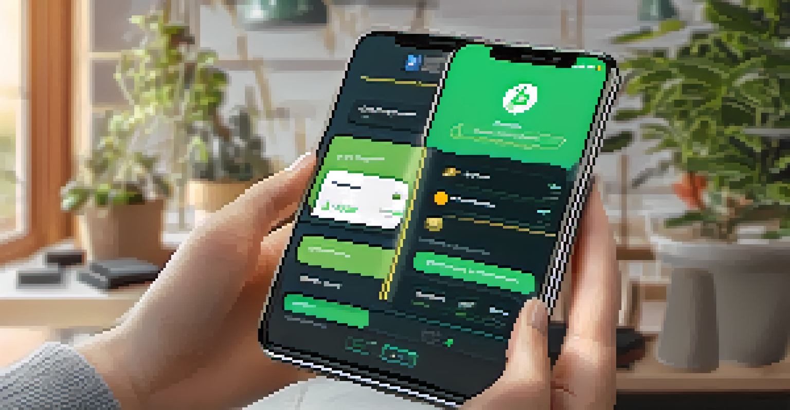 A close-up of a person's hand holding a smartphone with a cryptocurrency wallet app, set in a modern living room.