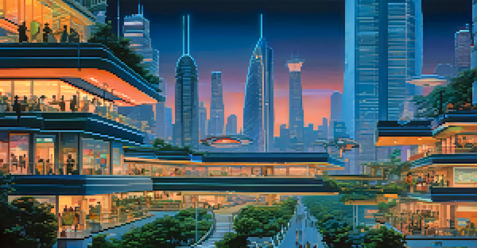 A futuristic city skyline at dusk, featuring neon-lit skyscrapers and flying vehicles against a colorful sky.