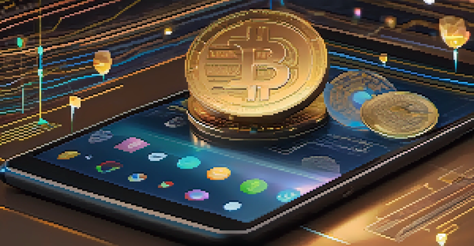 A smartphone displaying stablecoin logos with financial graphs in the background, illuminated by soft lighting.