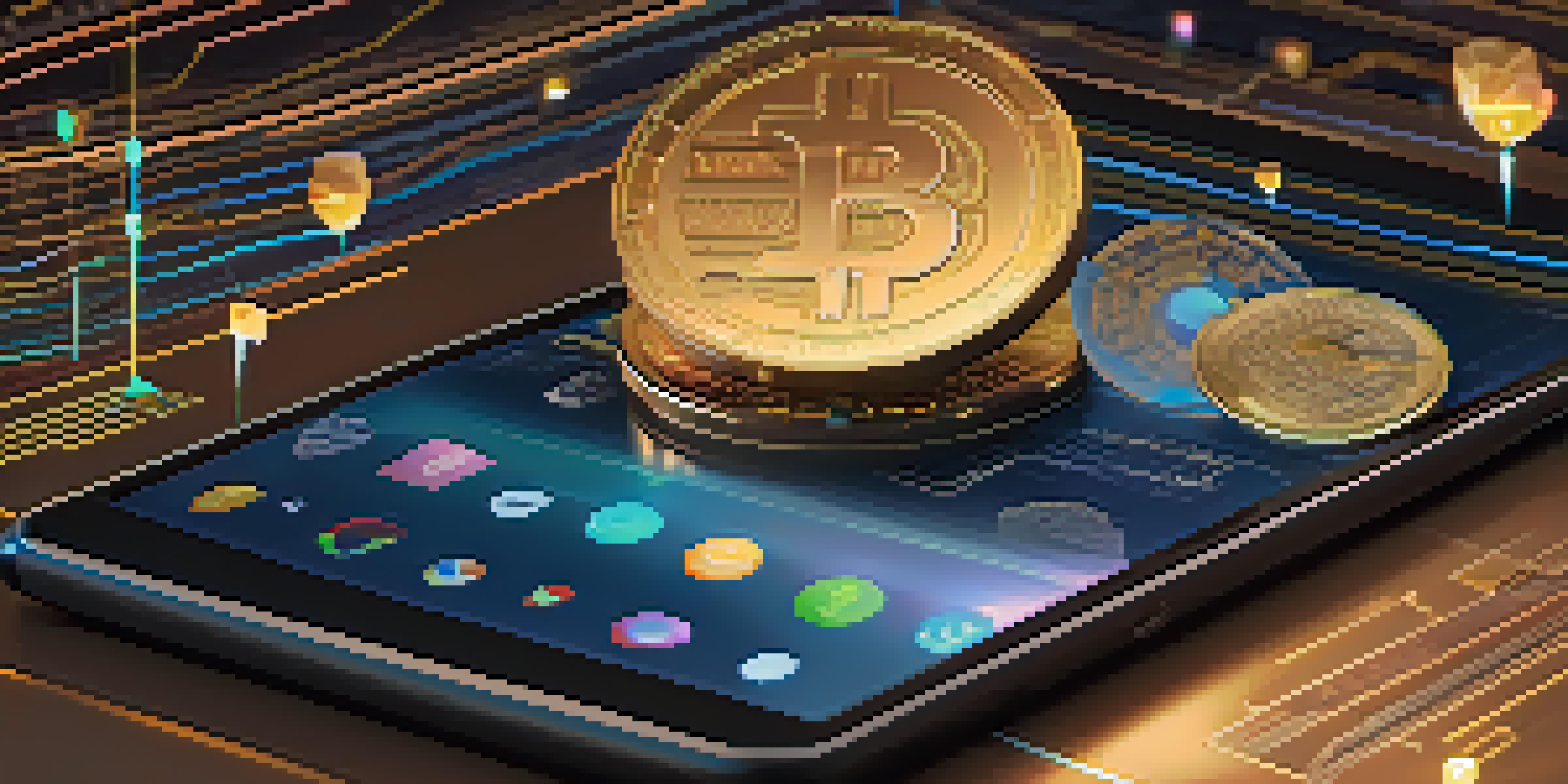 A smartphone displaying stablecoin logos with financial graphs in the background, illuminated by soft lighting.
