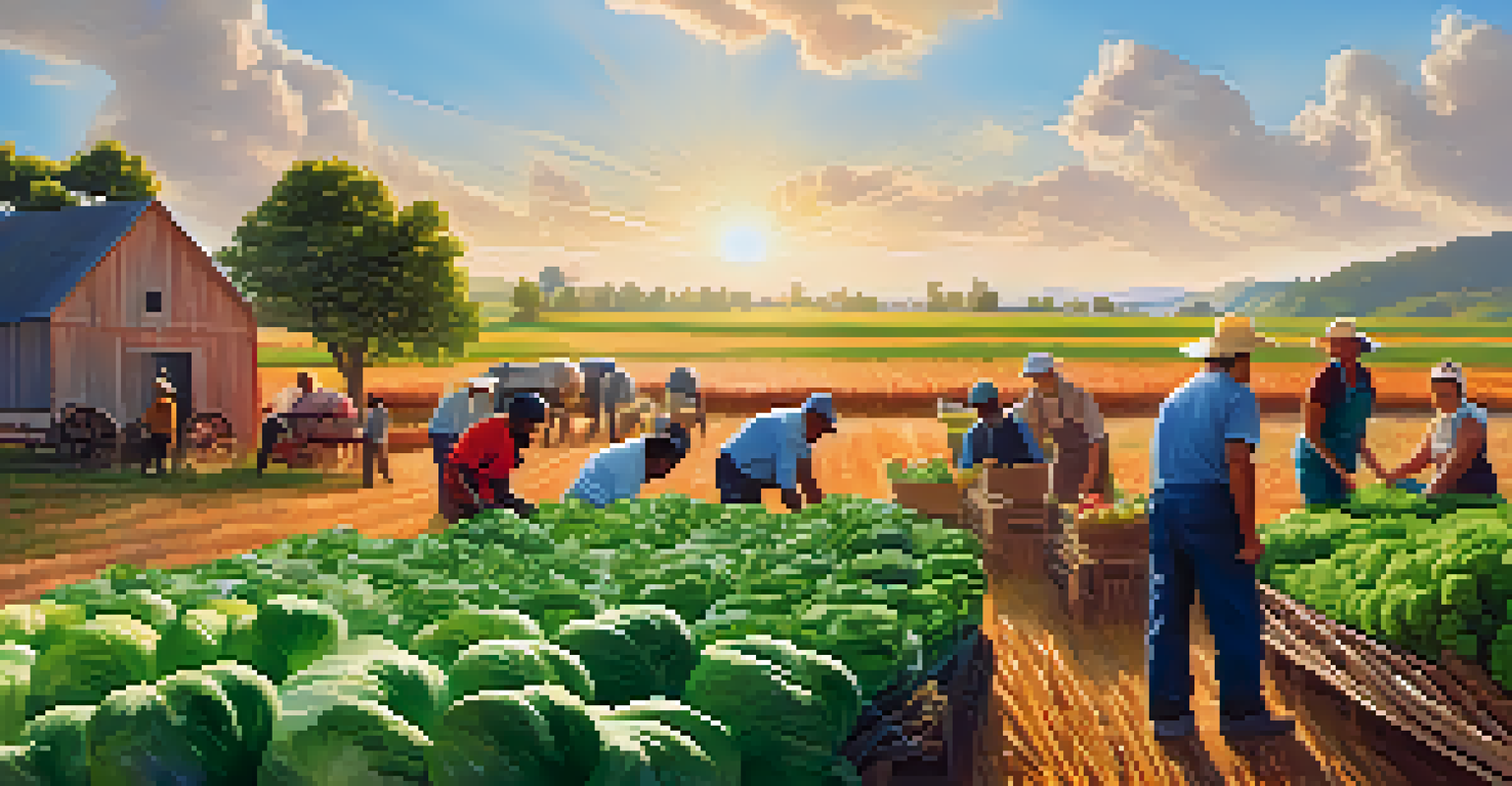 A sunny agricultural field with farmers working, overlaid with digital graphics showing the supply chain of organic vegetables.
