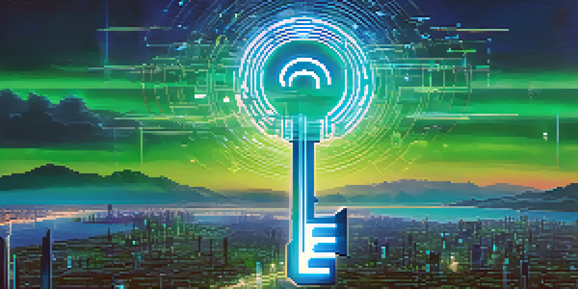 A digital landscape with a glowing key symbolizing security, surrounded by a futuristic city skyline and flowing data streams.