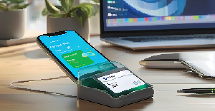 A smartphone displaying a digital cryptocurrency wallet with a blue and green interface, placed on a desk with a plant and laptop in the background.