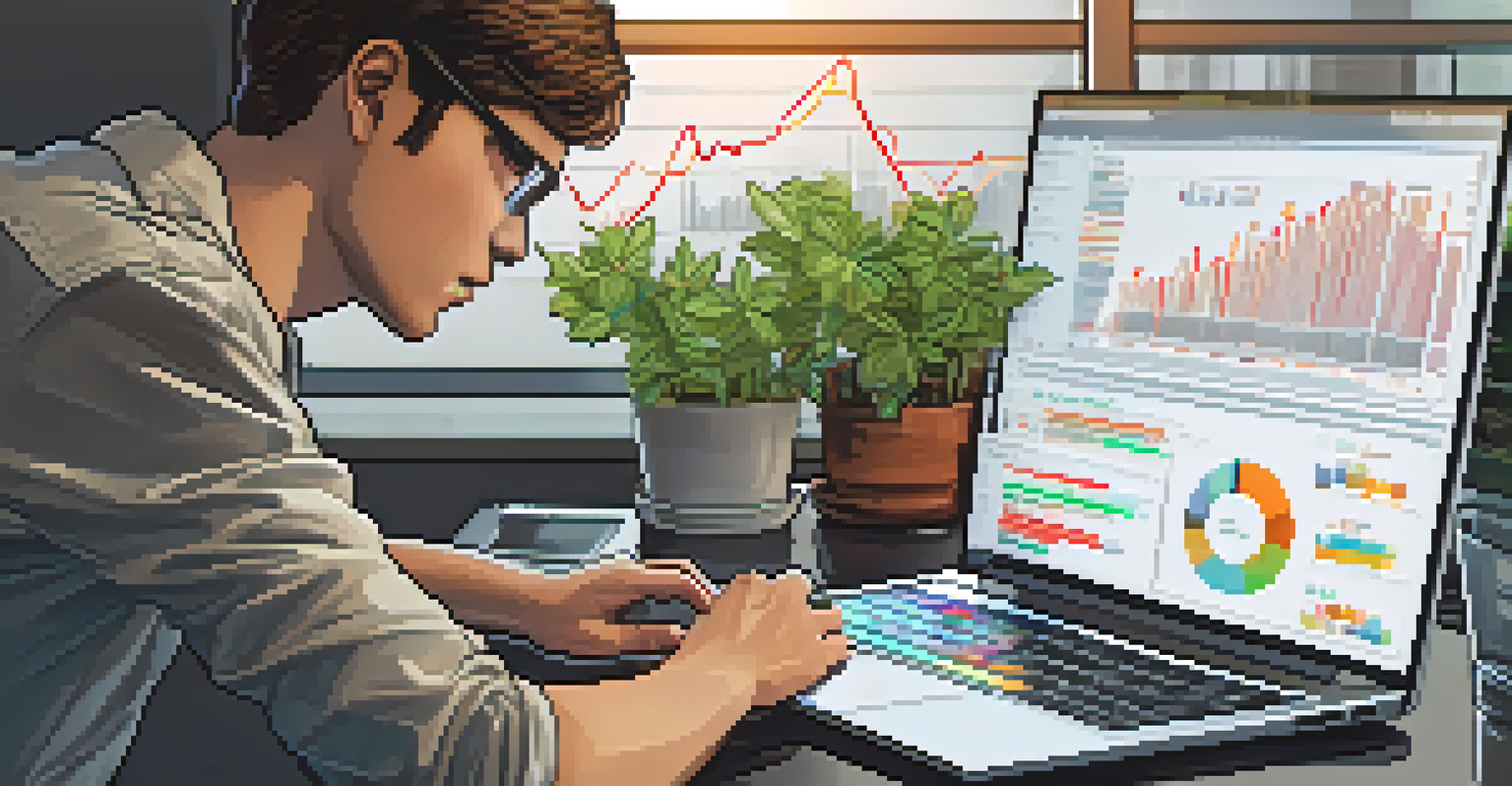 A close-up of a person focused on analyzing cryptocurrency data on a laptop in a modern office setting.