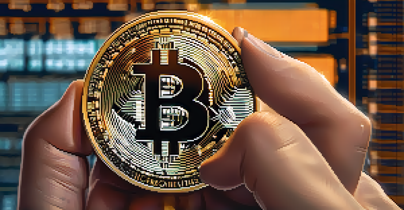 A close-up of a hand holding a Bitcoin coin in front of a digital screen showing market data.