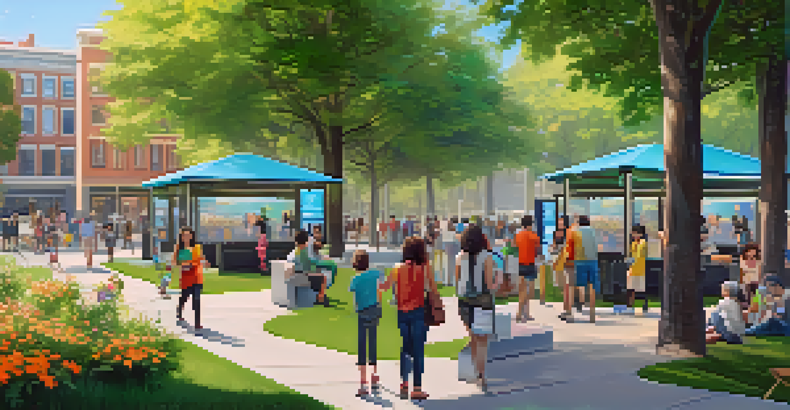 A sunny urban park in a smart city, featuring families using digital kiosks and a blockchain-themed art installation.