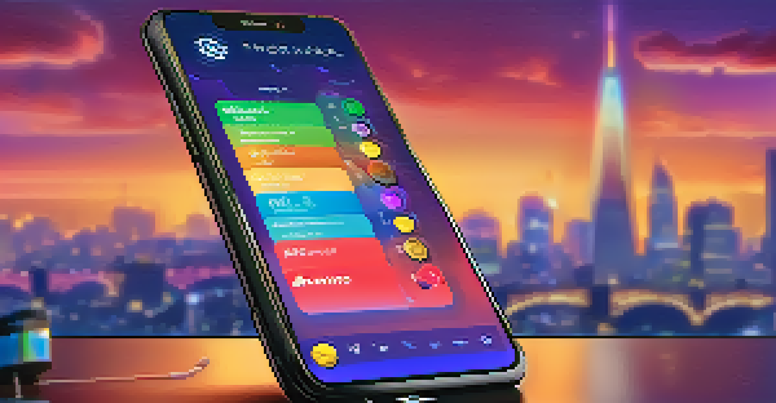 A close-up view of a smartphone displaying a cryptocurrency wallet app with digital tokens floating around, set against a blurred city skyline.