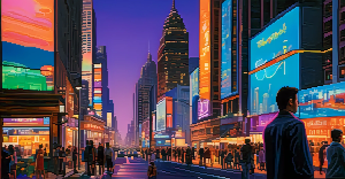 A busy city skyline at dusk with modern skyscrapers and historic buildings, bright neon signs, and people walking on the streets.