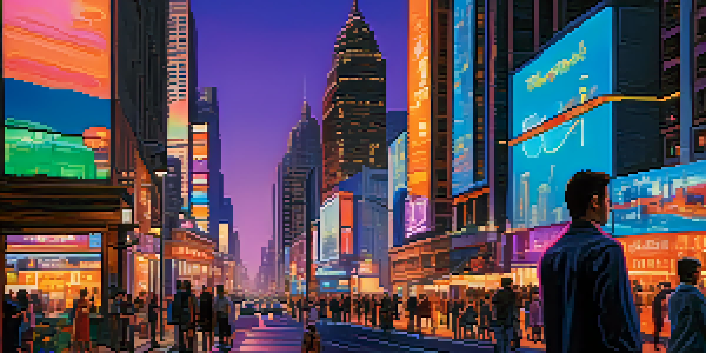 A busy city skyline at dusk with modern skyscrapers and historic buildings, bright neon signs, and people walking on the streets.