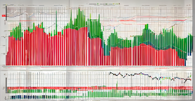 A colorful candlestick chart on a dark background showing cryptocurrency price movements with green and red candlesticks.