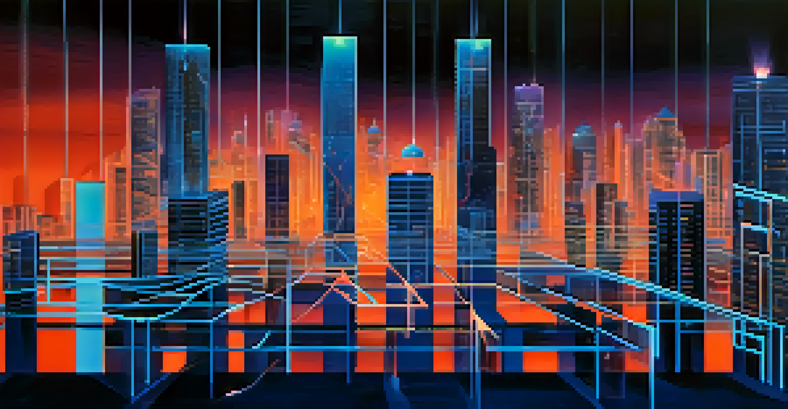 An abstract representation of blockchain technology with interconnected blocks and images of real estate on a dark blue background.