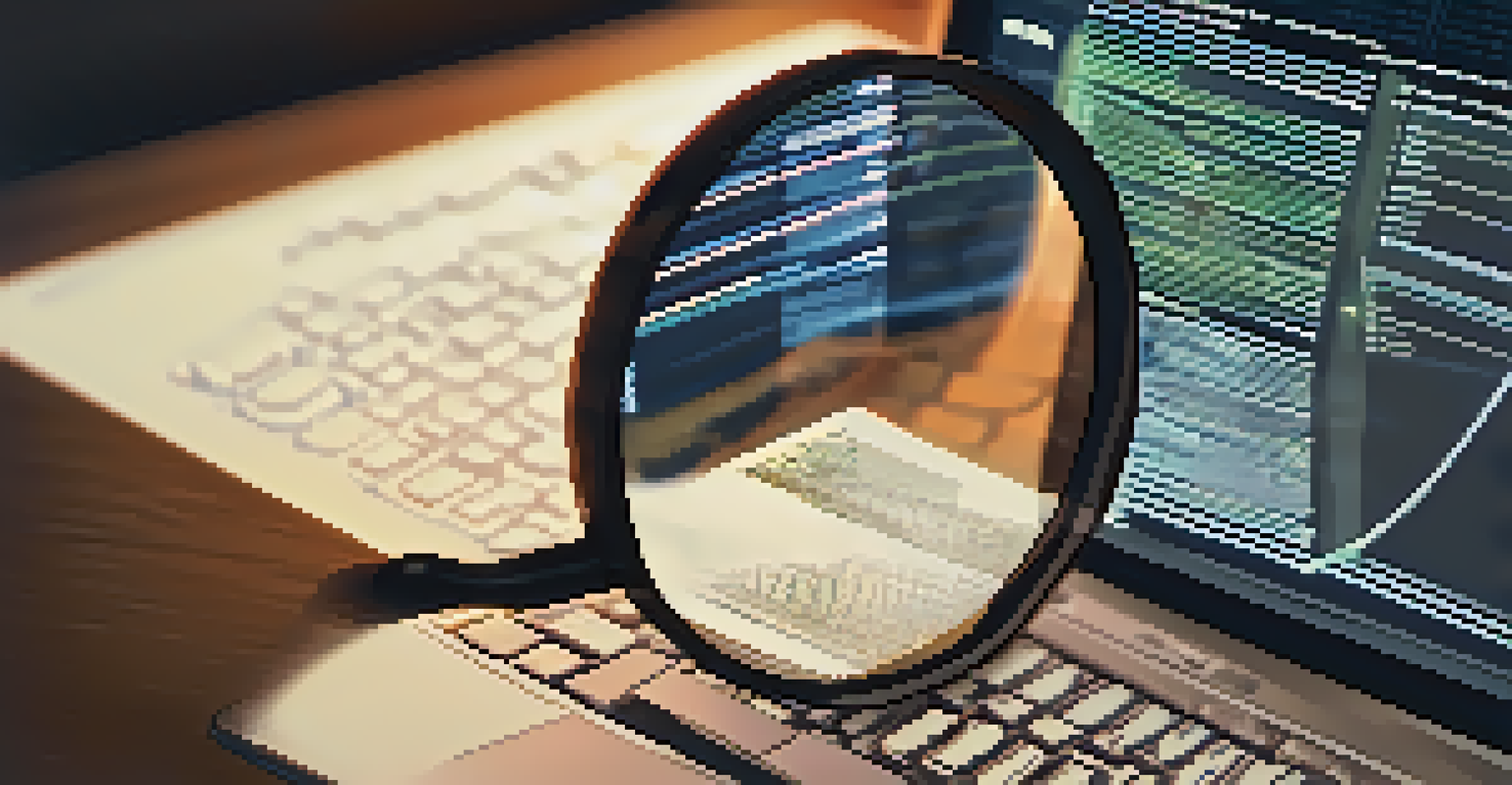 A digital magnifying glass over computer code, symbolizing smart contract auditing, with a warm illuminated screen.