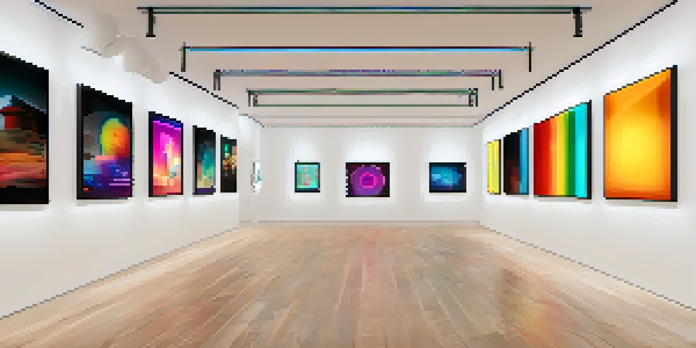 A modern digital art gallery featuring various NFT artworks displayed on screens, with colorful designs and soft lighting.